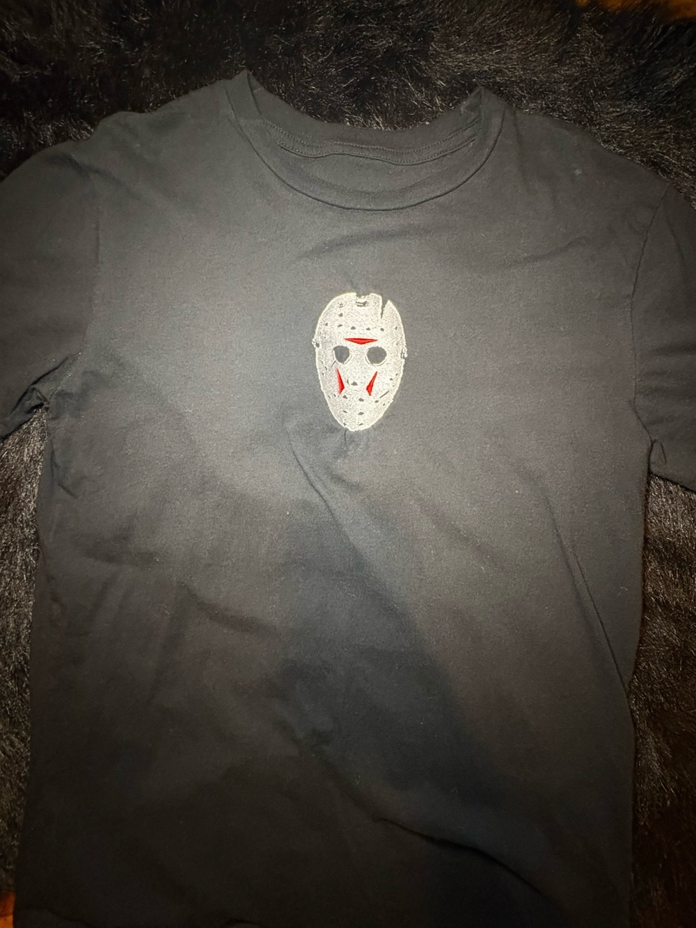 Black Short-Sleeve Crewneck Tee with Mask Graphic